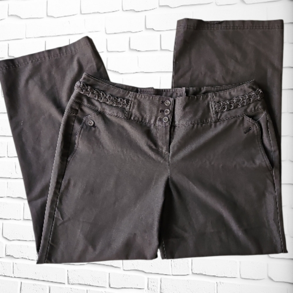 Sharagano Chocolate Brown Straight-Leg Trousers with Braided Waist Detail 14